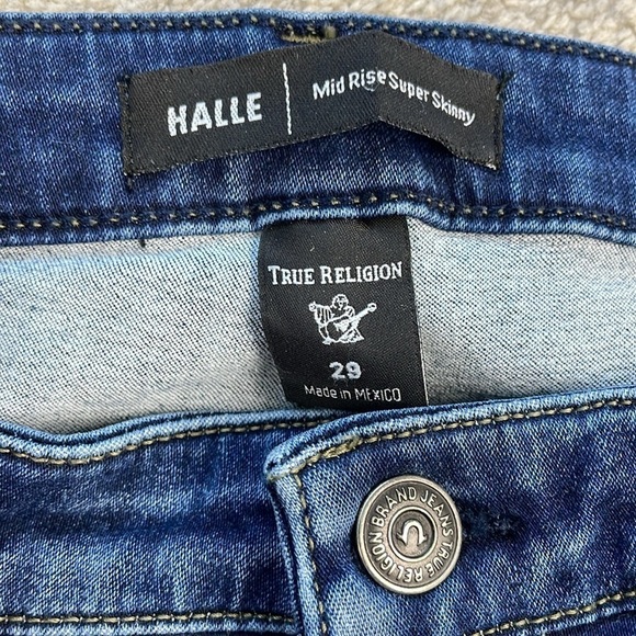 True Religion Halle Mid Rise Super Skinny Jeans Medium Dark Wash Distressed 29 - Picture 7 of 12